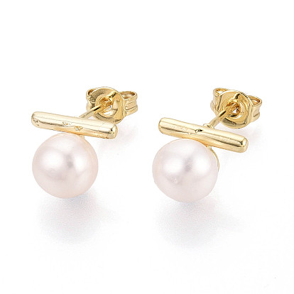 Серьги-гвоздики из латуни и натурального жемчуга, т-образный