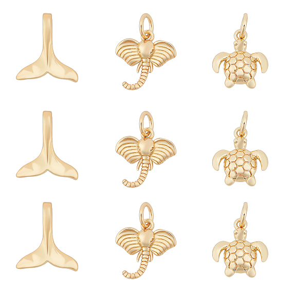 18Pcs 3 Style Brass Charms, Long-Lasting Plated, Sea Turtle & Elephant & Whale Fishtail