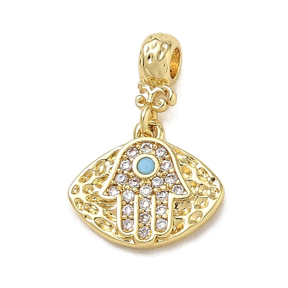 Brass Micro Pave Clear Cubic Zirconia Dangle Beads, Hamsa Hand Evil Eye, with Natural Turquoise