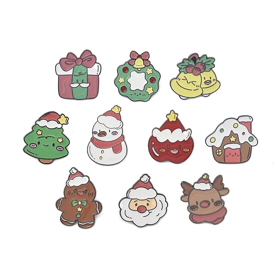 Рождественская тема цинковый сплав эмалированная брошь-булавка для рюкзака одежда, рождественская елка/венок/колокольчик/коробка/снеговик/шапка/дом/Санта-Клаус/олень