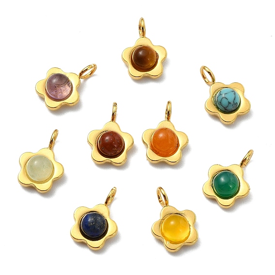 Natural & Synthetic Mixed Stone Pendants, 304 Stainless Steel Flower Charms, Mixed Dyed and Undyed