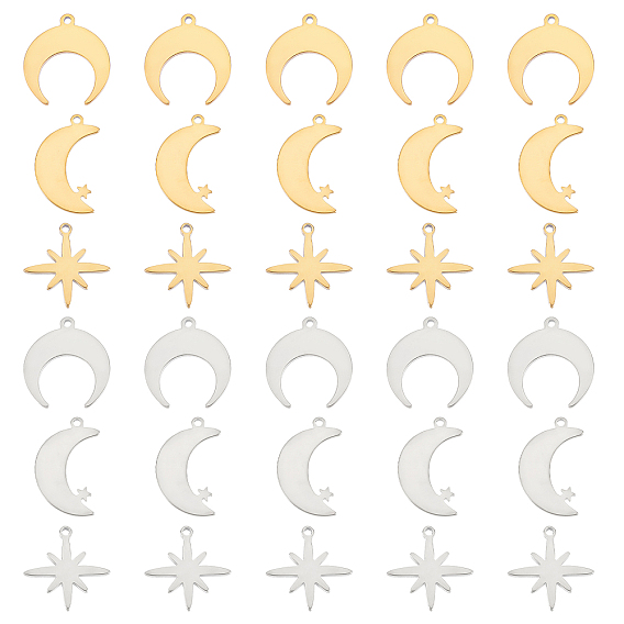 60 шт 6 стиль 304 подвески из нержавеющей стали, лазерная резка, полумесяц/двойной рог и луна со звездой