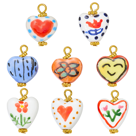 8Pcs Handmade Porcelain Pendants, Heart Charms, with Iron Findings