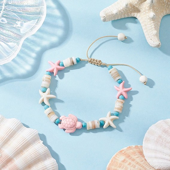 Синтетическая бирюза и натуральные пресноводные ракушки плетеные браслеты из бусин для женщин, морская черепаха и морская звезда