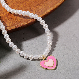 Gold-plated Pearl Heart Necklace with Enamel Lock, Women's Collarbone Chain