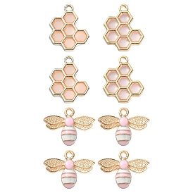 8Pcs 2 Style Alloy Enamel Pendants, with Epoxy Resin Pendants, Honeycomb & Bees, Light Gold
