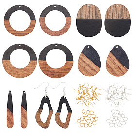 DIY Dangle Earring Making Kits, 12Pcs 6 Style Resin & Walnut Wood Pendants, Ring & Teardrop & Oval, 24Pcs 2 Style Brass Earring Hooks and 24Pcs 2 Style Brass Jump Rings