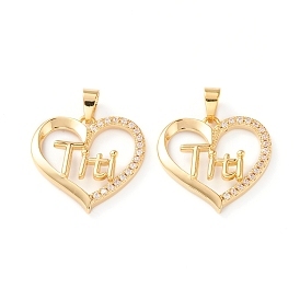 Латунные микропаве прозрачные подвески с фианитом, долговечный, сердце со словом тити