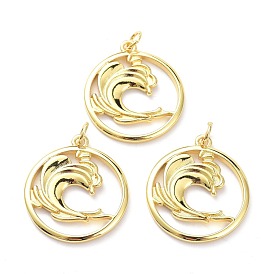 Brass Pendants, with Jump Ring, Long-Lasting Plated, Flat Round with Sea Wave