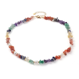 Chakra Jewelry, Chips Natural Gemstone Beaded Necklaces, with Natural Pearl Beads, Alloy Spacer Beads and 304 Stainless Steel Lobster Claw Clasps, Golden