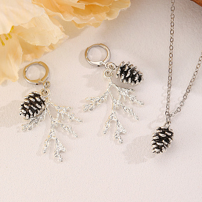 Модные комплекты из серег-колец и ожерелий из сплава, сосновая шишка и ветка