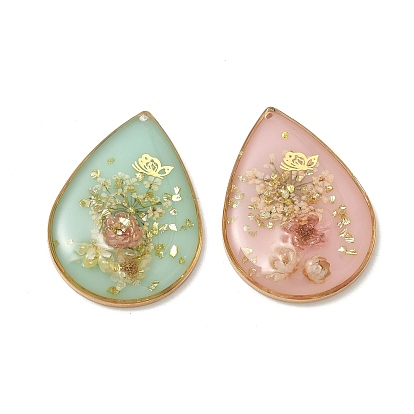Plating Brass & Transparent Epoxy Resin & Dried Flower Pendants, Teardrop with Flower & Butterfly Pattern Charm, with Glitter Powder