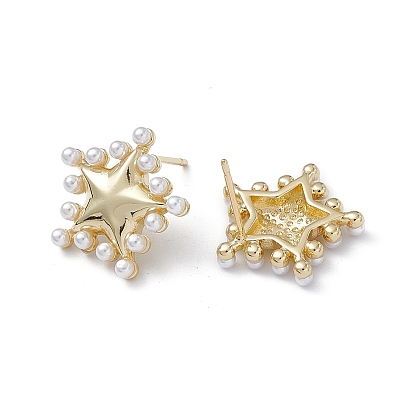 Long-Lasting Plated Brass Stud Earrings with Plastic Pearl for Women, Lead Free & Cadmium Free, Star