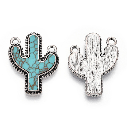 Alloy Pendants with Synthetic Turquoise, Cactus Charms, Cadmium Free & Lead Free