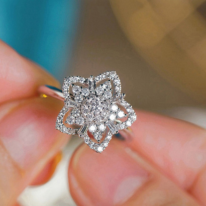 Brass Micro Pave Clear Cubic Zirconia Finger Rings for Women, Star
