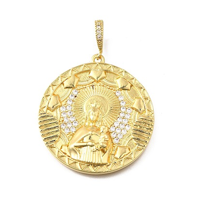 Латунные микро проложить кубического циркония подвески, плоский круг со святой Варварой, стойки покрытие, долговечный, без свинца и без кадмия