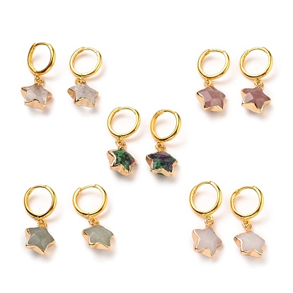 Brass Huggie Hoop Earrings, with Natural Gemstone Star Pendants