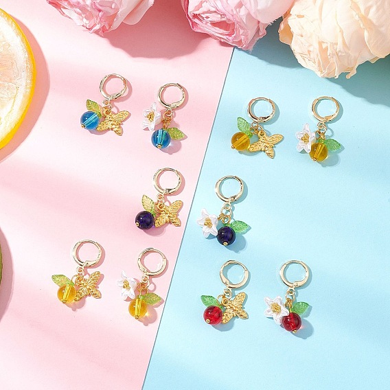 Серьги-кольца из акрила и сплава, со стеклом, цветы и пчелы