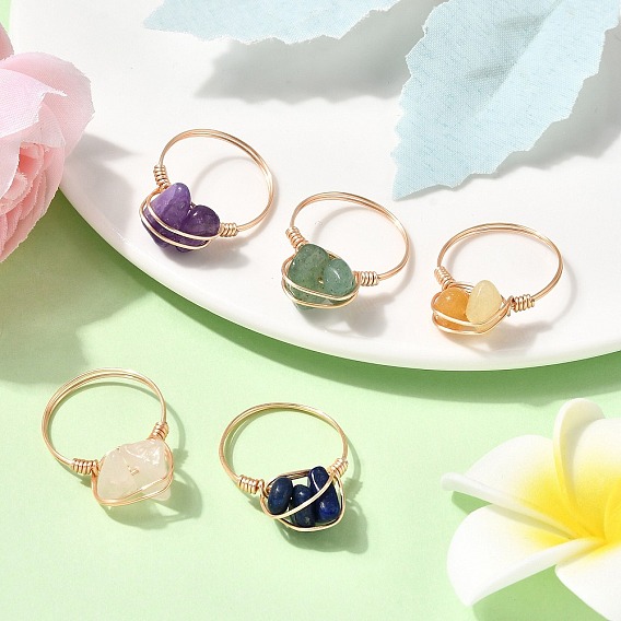 Кольца с бусинами из натуральных драгоценных камней, украшения из медной проволоки для женщин