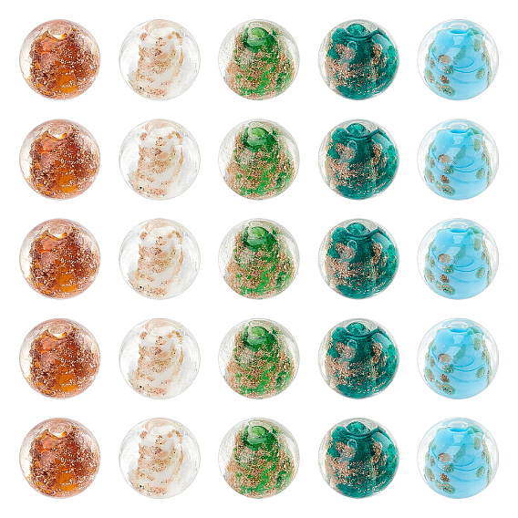 50Pcs 5 Color Handmade Lampwork Beads, Gold Sand, Round