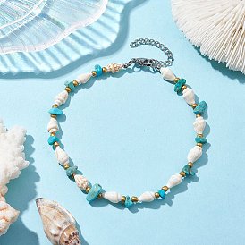 Synthetic Turquoise Chips & Natural Trumpet Shell Beaded Anklets