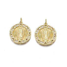 Brass Micro Pave Cubic Zirconia Pendants, Nickel Free, Real 18K Gold Plated, Flat Round with Saint