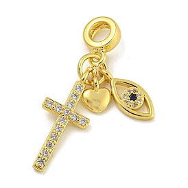 Rack Plating Brass Micro Pave Cubic Zirconia Pendants, Long-Lasting Plated, Cadmium Free & Lead Free, Cross with Heart & Eye