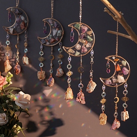 Raw Natural Mixed Stone Nuggests Hanging Ornaments, Glass Moon Suncatchers, Rainbow Maker, for Garden & Home Decoration