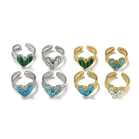 304 Stainless Steel Open Cuff Rings, Synthetic Malachite & Turquoise Heart Finger Rings for Women Men