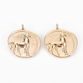 Brass Pendants, Nickel Free, Flat Round with Horse