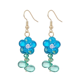Lampwork Flower & Glass Flower of Life Dangle Earrings, Brass Long Drop Earrings for Women