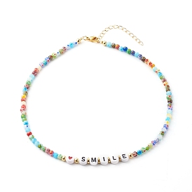 Beaded Necklaces, with Acrylic Beads, Brass Beads, Glass Beads, 304 Stainless Steel Findings & Brass Chain, Word Smile