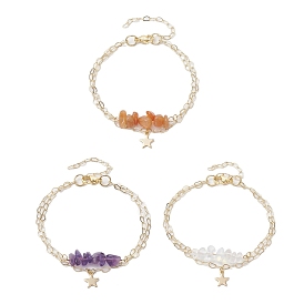 3Pcs 3 Styles Natural Red Aventurine & Natural Amethyst & Opalite Chip Multi-Strand Bracelet Sets, Star Charm 304 Stainless Steel Twisted Chain Stackable Bracelets for Women
