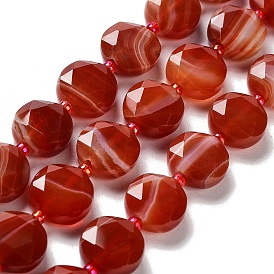 Chapelets de perles rouges agate naturel, avec des perles de rocaille, coupe hexagonale facettée, plat rond, teints et chauffée