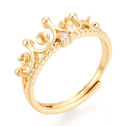 Корона латунная микропаве кубический цирконий чашка штифт кольцо настройки, регулируемые настройки колец для полупросверленных бусин, без кадмия, без никеля и без свинца