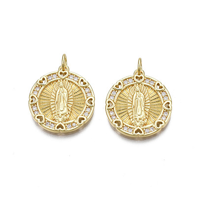 Brass Micro Pave Cubic Zirconia Pendants, Nickel Free, Real 18K Gold Plated, Flat Round with Saint