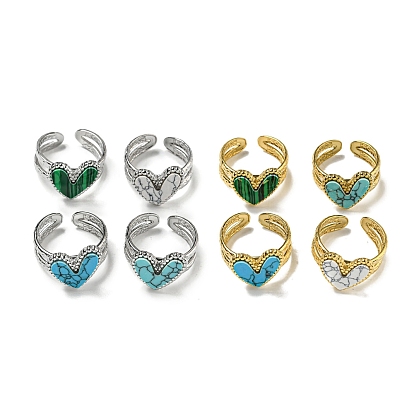 304 Stainless Steel Open Cuff Rings, Synthetic Malachite & Turquoise Heart Finger Rings for Women Men