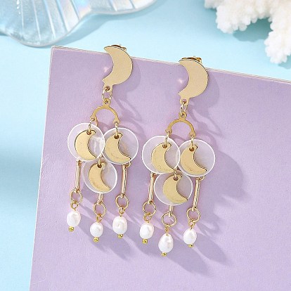 304 Boucles d'oreilles chandelier en acier inoxydable, Boucles d'oreilles pendantes en perles de culture d'eau douce naturelles et coquillage capiz, or