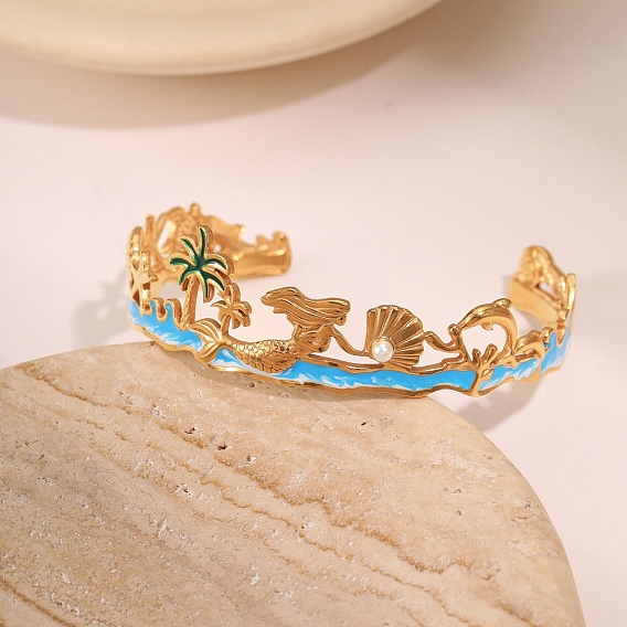 304 эмалированные браслеты-манжеты из нержавеющей стали для женщин, кокосовая пальма и русалка, с ABS имитации жемчуга, без кадмия, без никеля и без свинца, ионное покрытие (ip)