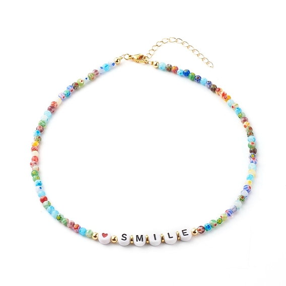 Beaded Necklaces, with Acrylic Beads, Brass Beads, Glass Beads, 304 Stainless Steel Findings & Brass Chain, Word Smile