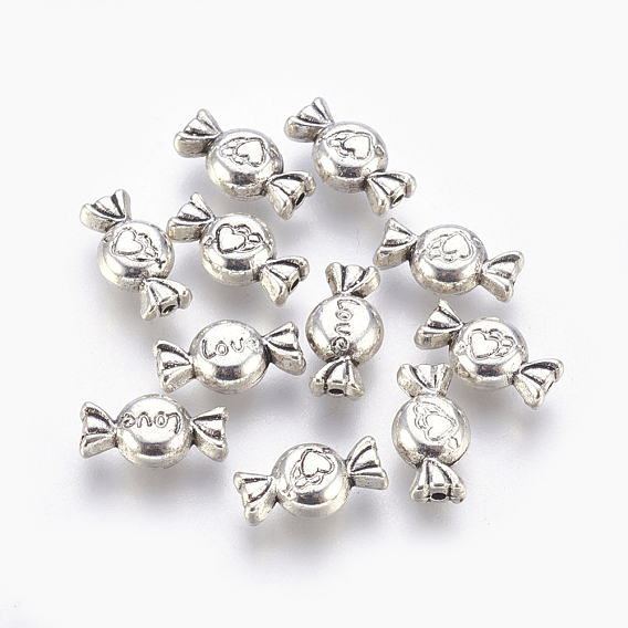 Idées de valentine pour ses perles en alliage de style tibétain, bonbons sculpté coeur et de l'amour, sans plomb et sans cadmium, 11x6x3mm, Trou: 1mm