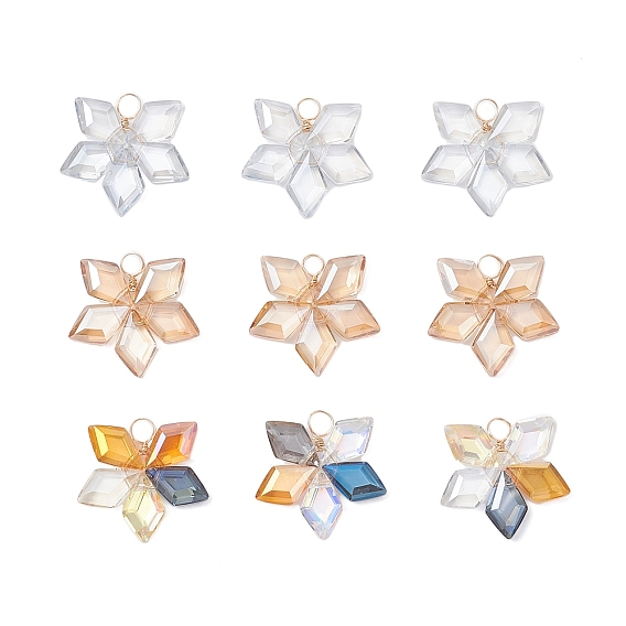9 шт. 3 цвета гальванизированные ромбовидные стеклянные подвески, цветок, с экологически чистой медной проволокой, граненые