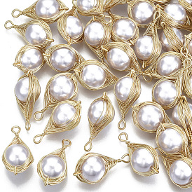 ABS Plastic Imitation Pearl Wire Wrapped Pendants, with Light Gold Plated Brass Wire, Teardrop