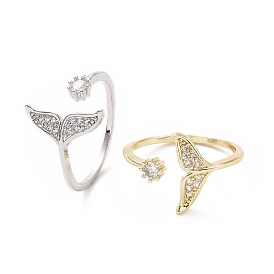 Clear Cubic Zirconia Whale Tail Shape Open Cuff Ring, Brass Jewelry for Women