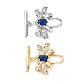 Brass Micro Pave Clear Cubic Zirconia Toggle Clasps, with Glass, Bowknot