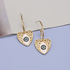 Vintage Turkish Evil Eye Heart Earrings for Women - Ethnic Boho Alloy Dangle Drop Ear Studs with Peach Hearts and Tribal Patterns