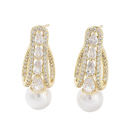 Rack Plating Brass Micro Pave Cubic Zirconia Stud Earring, with Plastic Imitation Pearl, Cadmium Free & Lead Free, Long-Lasting Plated