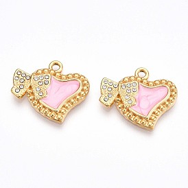 304 подвески из нержавеющей стали с эмалированными стразами, сердце с бантом, ионное покрытие (ip), реальный 18 k позолоченный