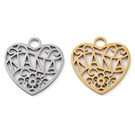 304 Stainless Steel Pendants, Laser Cut, Heart with Word Nana & Flower Charm