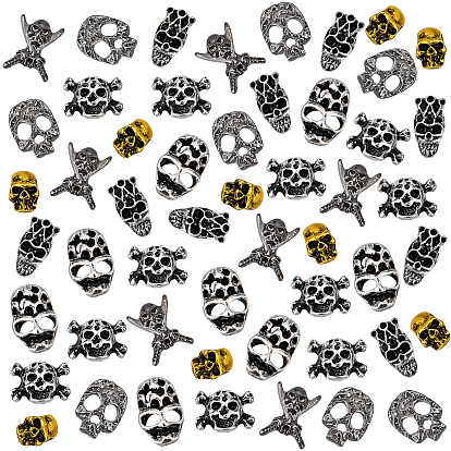 90Pcs 6 Style Alloy Skull Cabochons, Nail Art Decoration Accessories